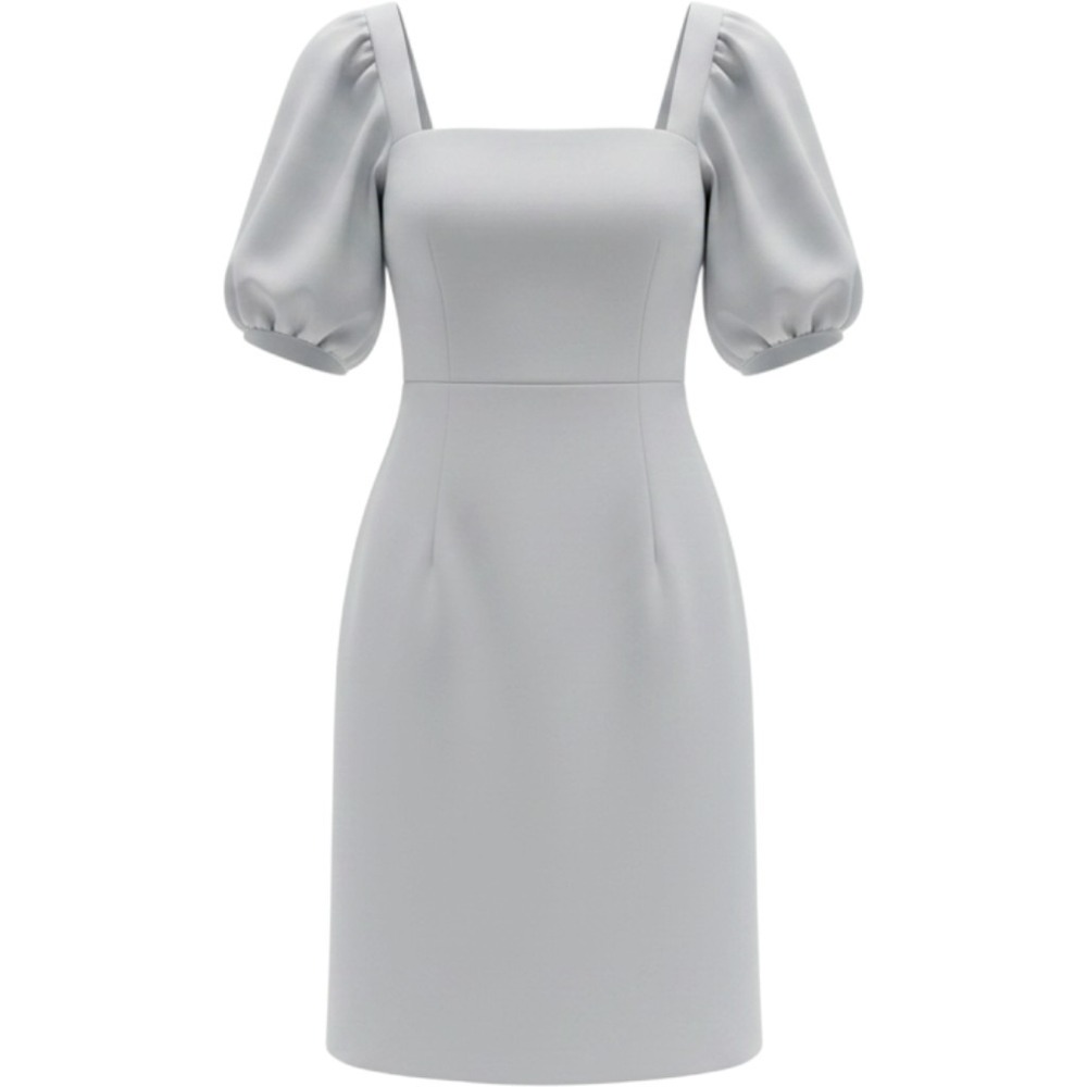 COS Puff Sleeve Dress Women 36 Small Light Gray Square Neck Cotton Mini Pockets